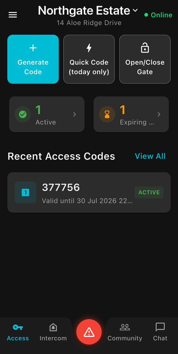 ArcEntry app Access tab with Generate Code, Quick Code and Open/Close Gate actions above recent access codes