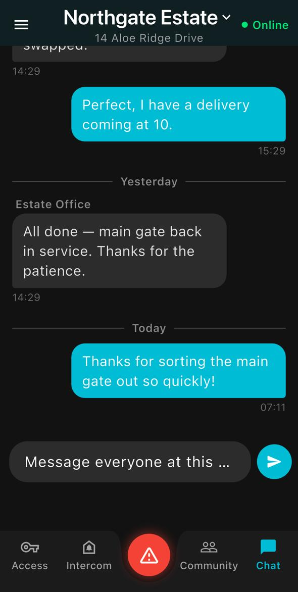 ArcEntry app site chat between the estate office and residents