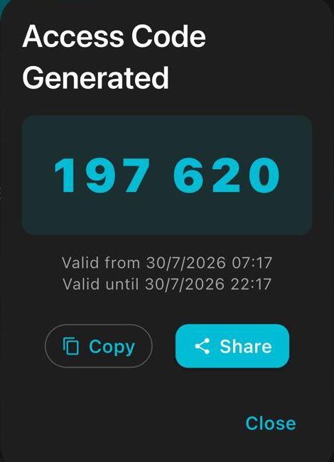 ArcEntry app dialog showing a freshly generated six-digit access code with its validity window, Copy and Share