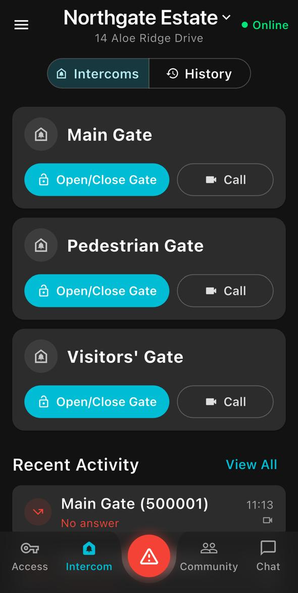 ArcEntry app Intercom tab listing Main, Pedestrian and Visitors' gates, each with Open/Close Gate and Call