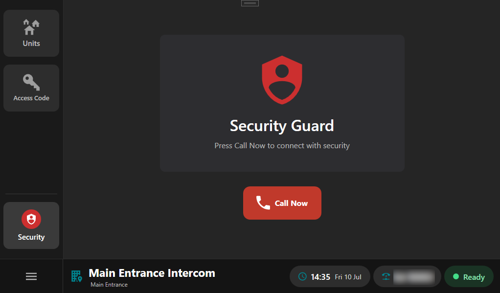 ArcEntry intercom dedicated Security Guard call screen with a Call Now button