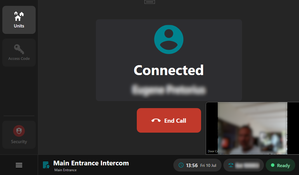 ArcEntry intercom mid video call, connected to a resident with a live camera feed