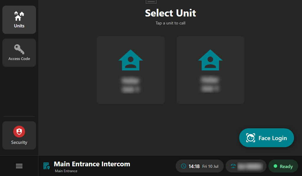 ArcEntry intercom home screen with unit selection, access code entry and Face Login