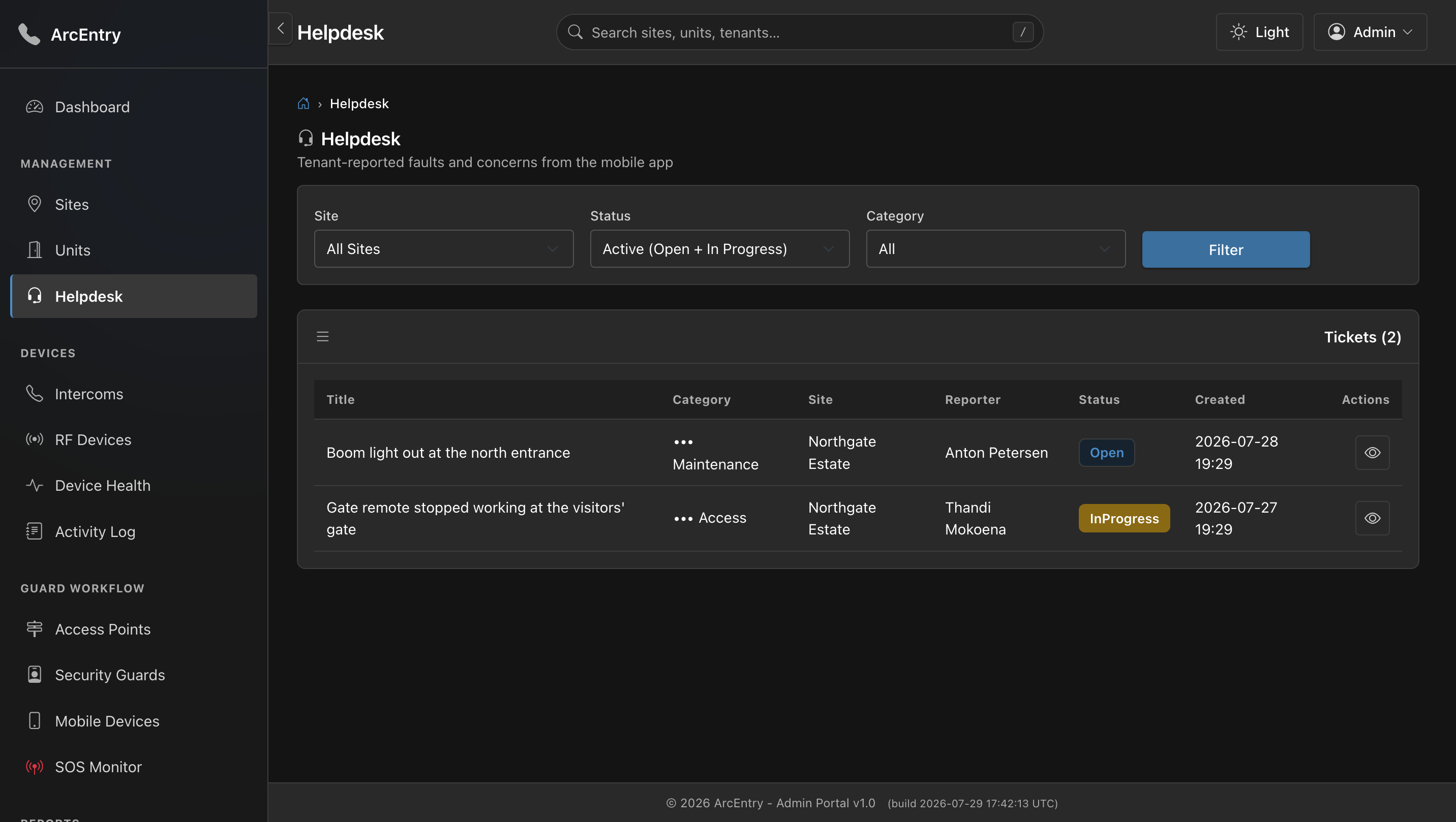 Helpdesk: tenant-reported tickets with category, reporter and status