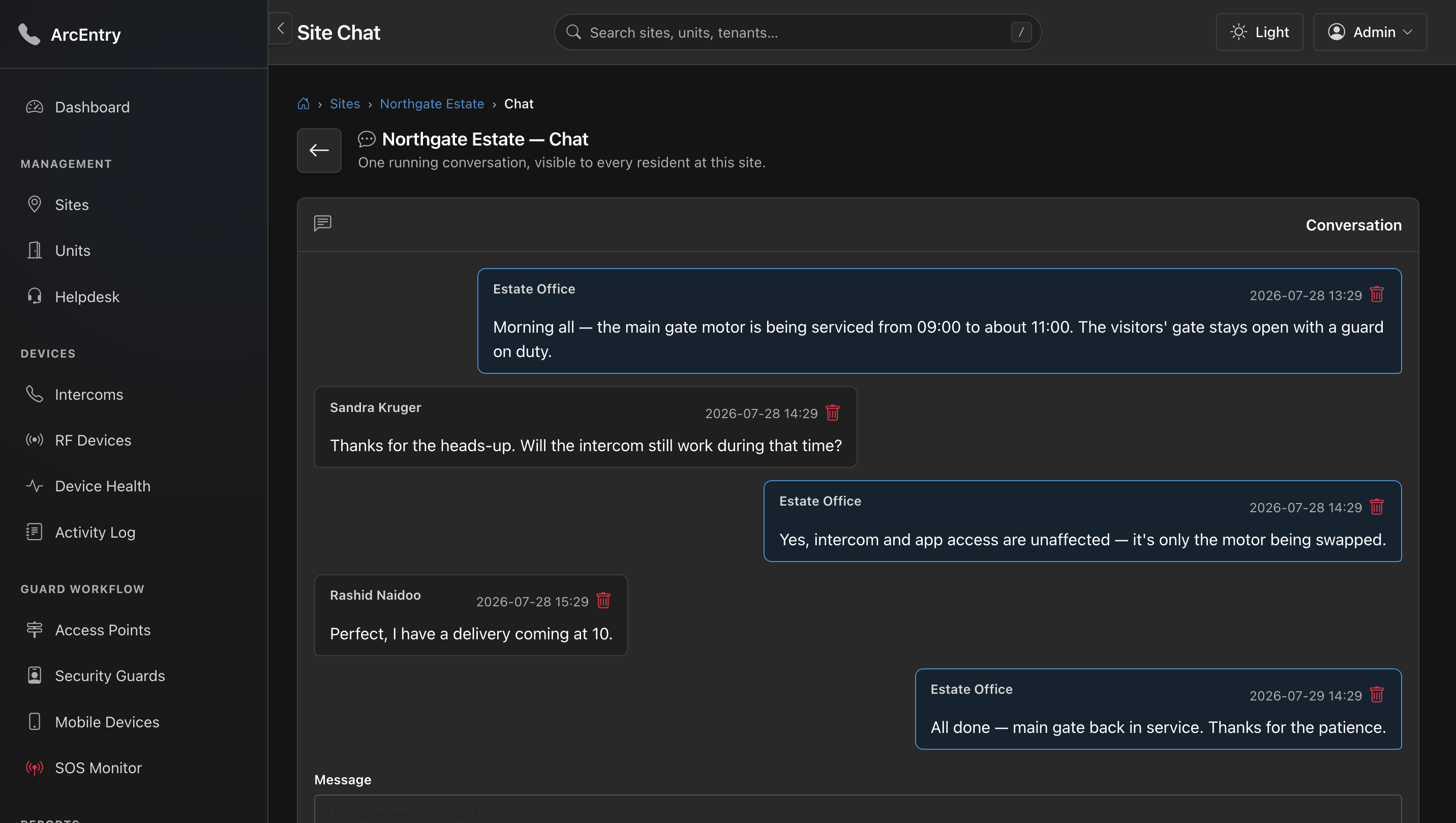 Site Chat: a running conversation between the estate office and residents