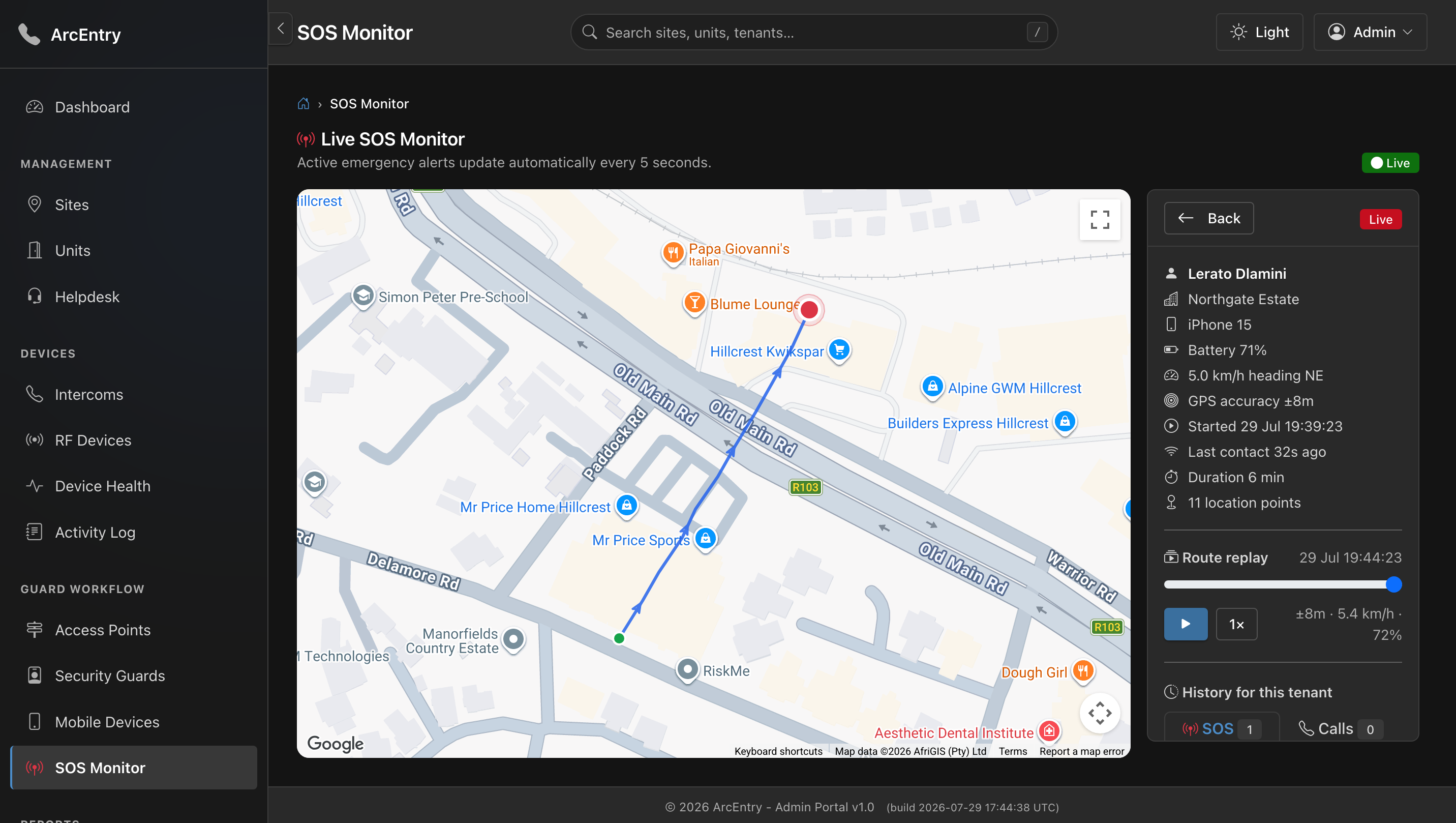 Live SOS Monitor: an active resident alert on a street map with a route trail, battery, speed and replay controls